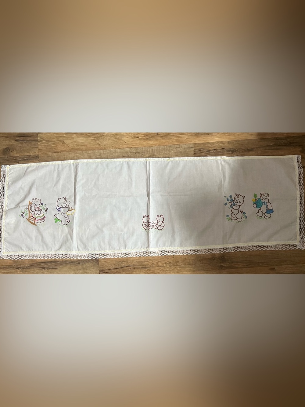 Embroidered Teddy Bear Runner - White with Brown Detail